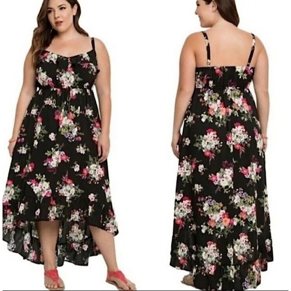 Torrid Floral Challis Print Plus Size High Low Maxi Sun Dress Black Sz 12 Large